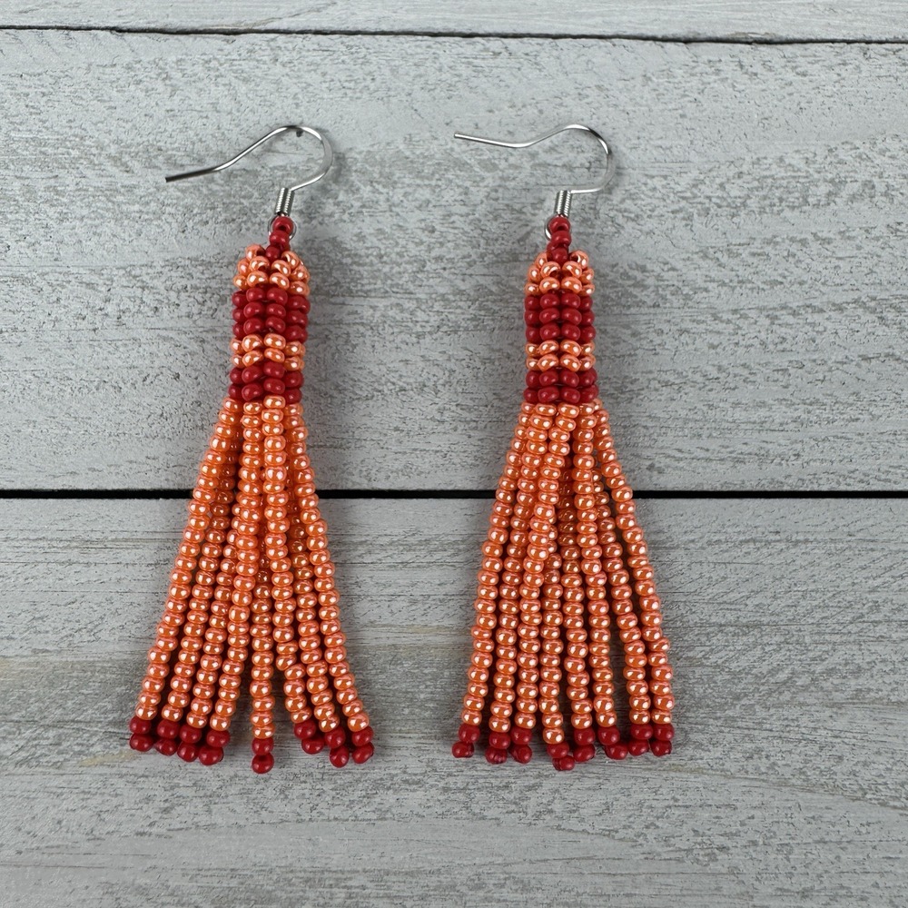 Handmade Tassel Earrings Orange Sphinx and Red Seed Bead Dangle Earrings
